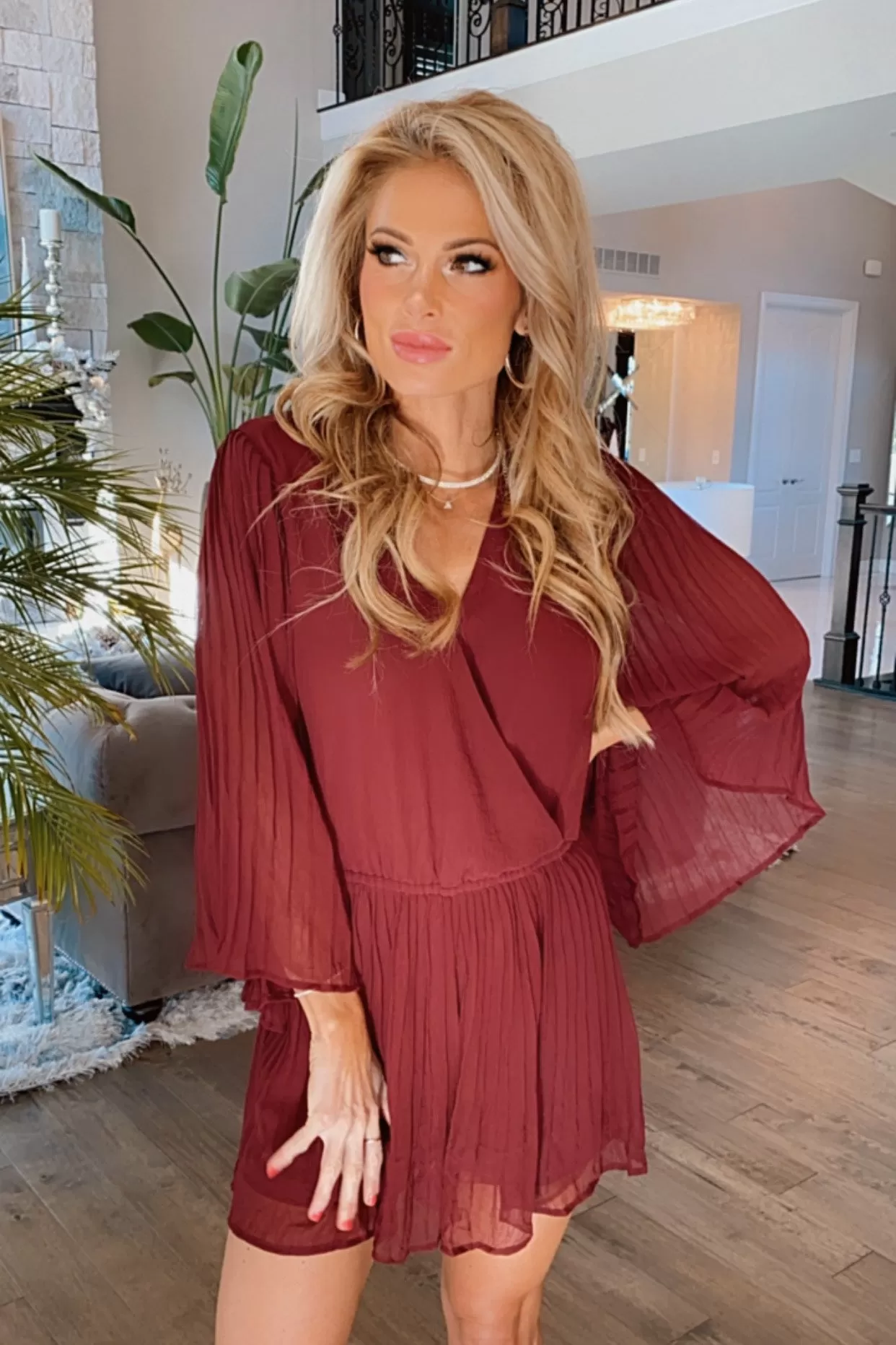 Raise A Glass Pleated Long Sleeve Romper : Burgundy