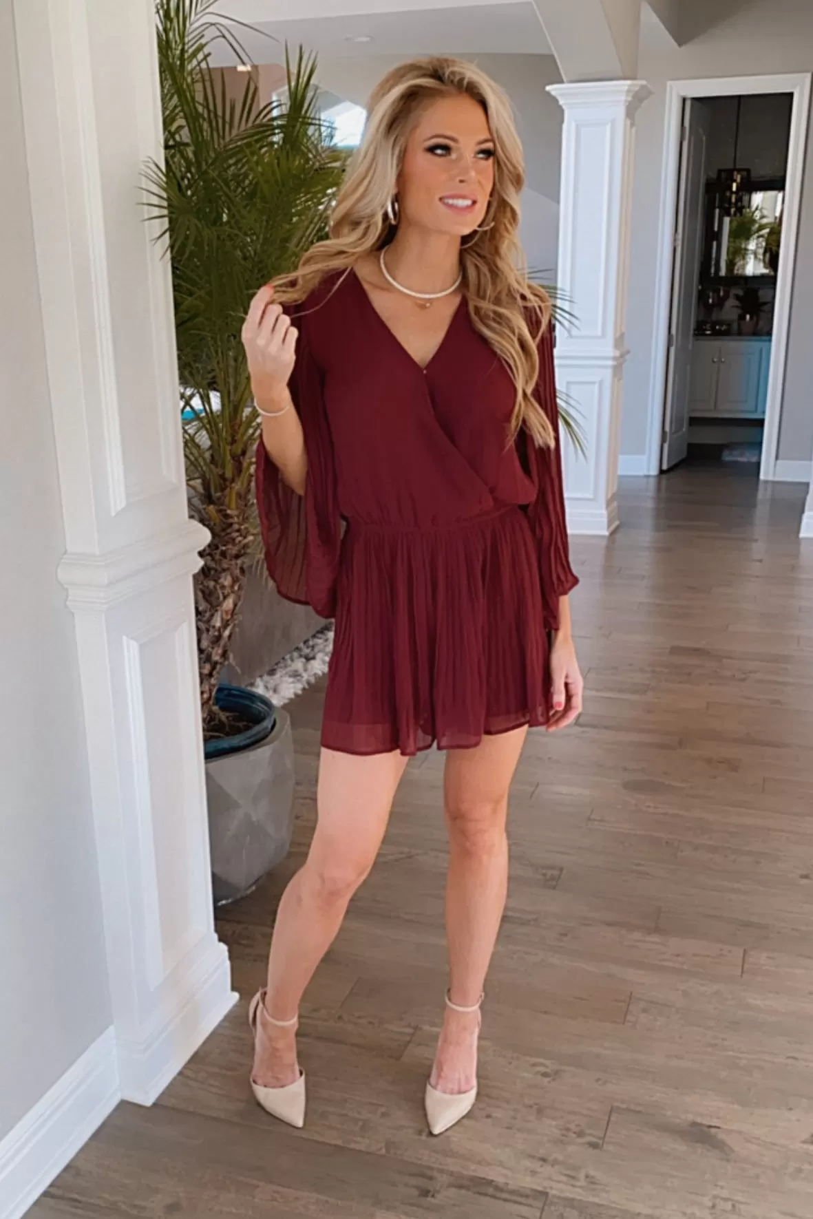 Raise A Glass Pleated Long Sleeve Romper : Burgundy