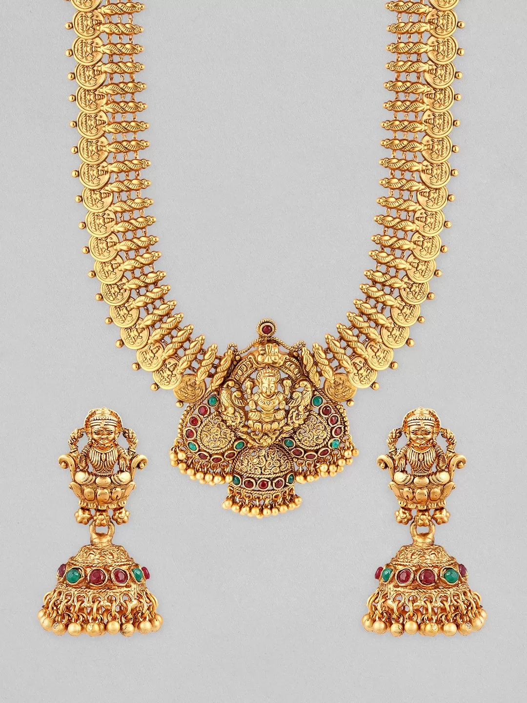 Rubans 24K Gold Plated Long Temple Necklace Set With Goddess Motif.