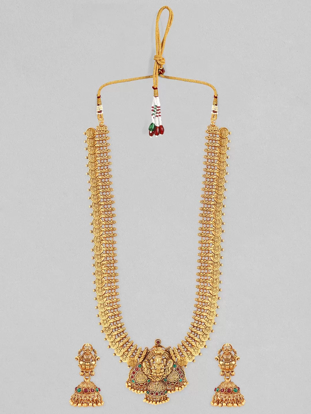 Rubans 24K Gold Plated Long Temple Necklace Set With Goddess Motif.