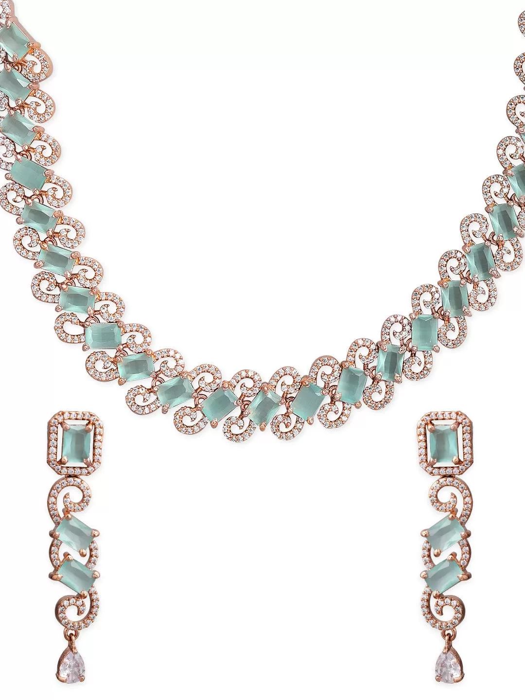 Rubans Rose Gold Plated Pastel Green Studded American Diamond Necklace Set.