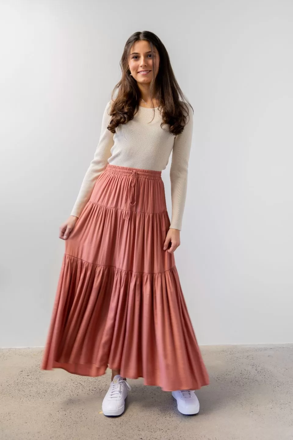 Sensational Terracotta Tiered Satin Tie Waist Maxi Skirt