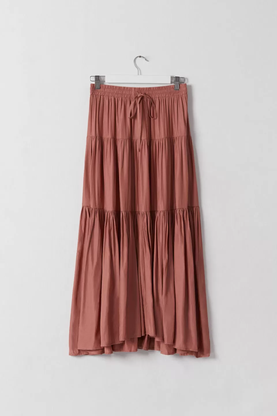 Sensational Terracotta Tiered Satin Tie Waist Maxi Skirt