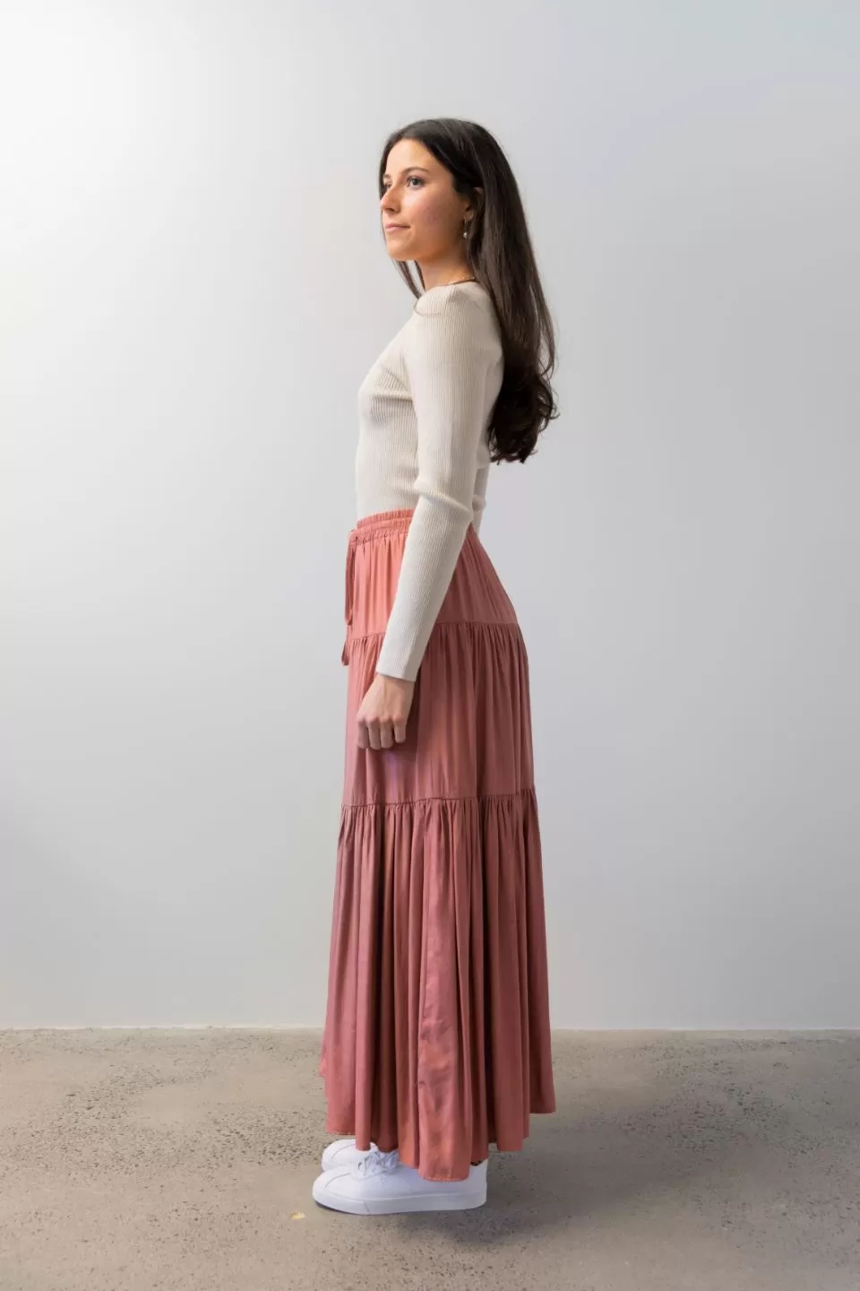 Sensational Terracotta Tiered Satin Tie Waist Maxi Skirt