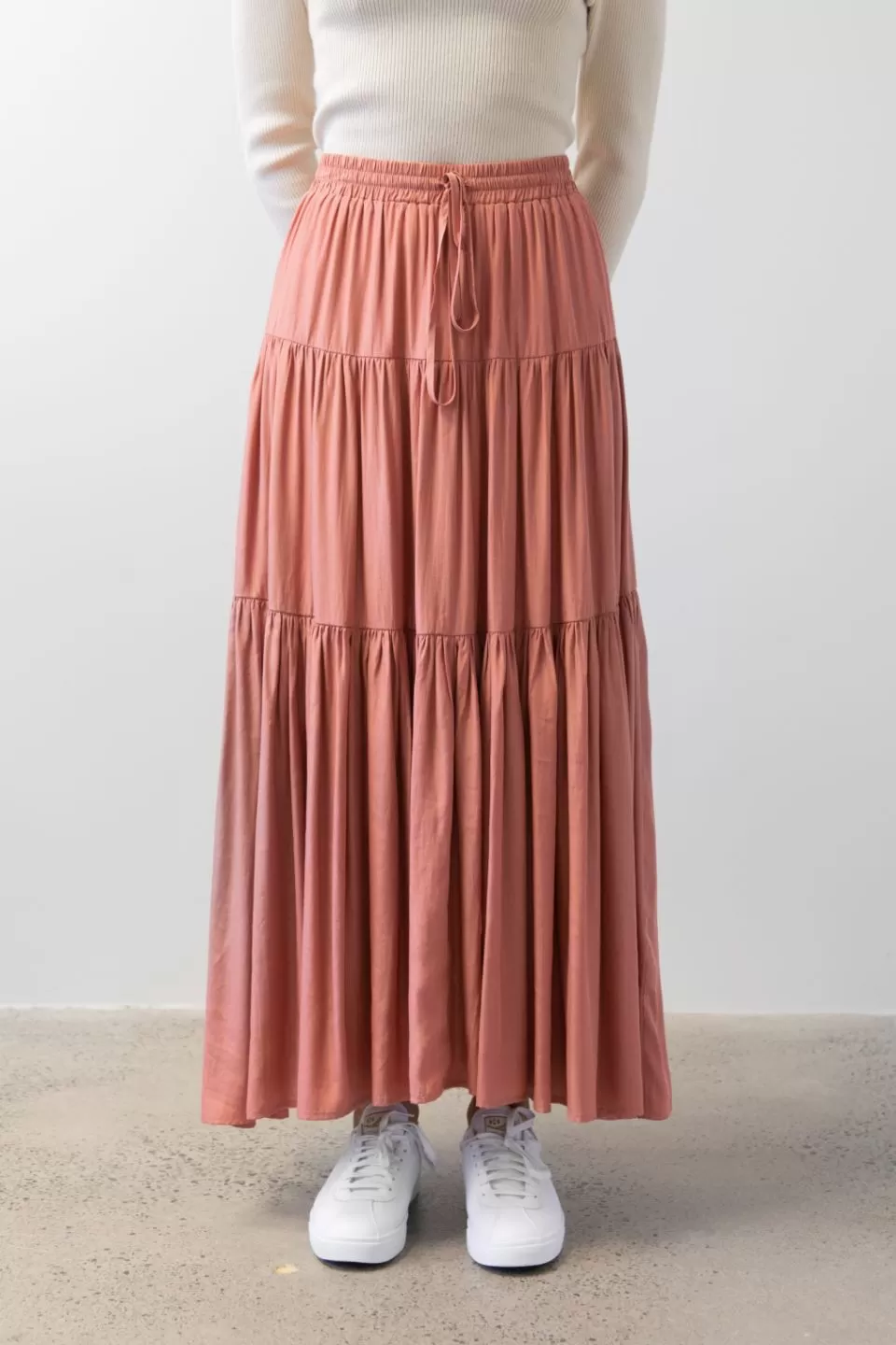 Sensational Terracotta Tiered Satin Tie Waist Maxi Skirt