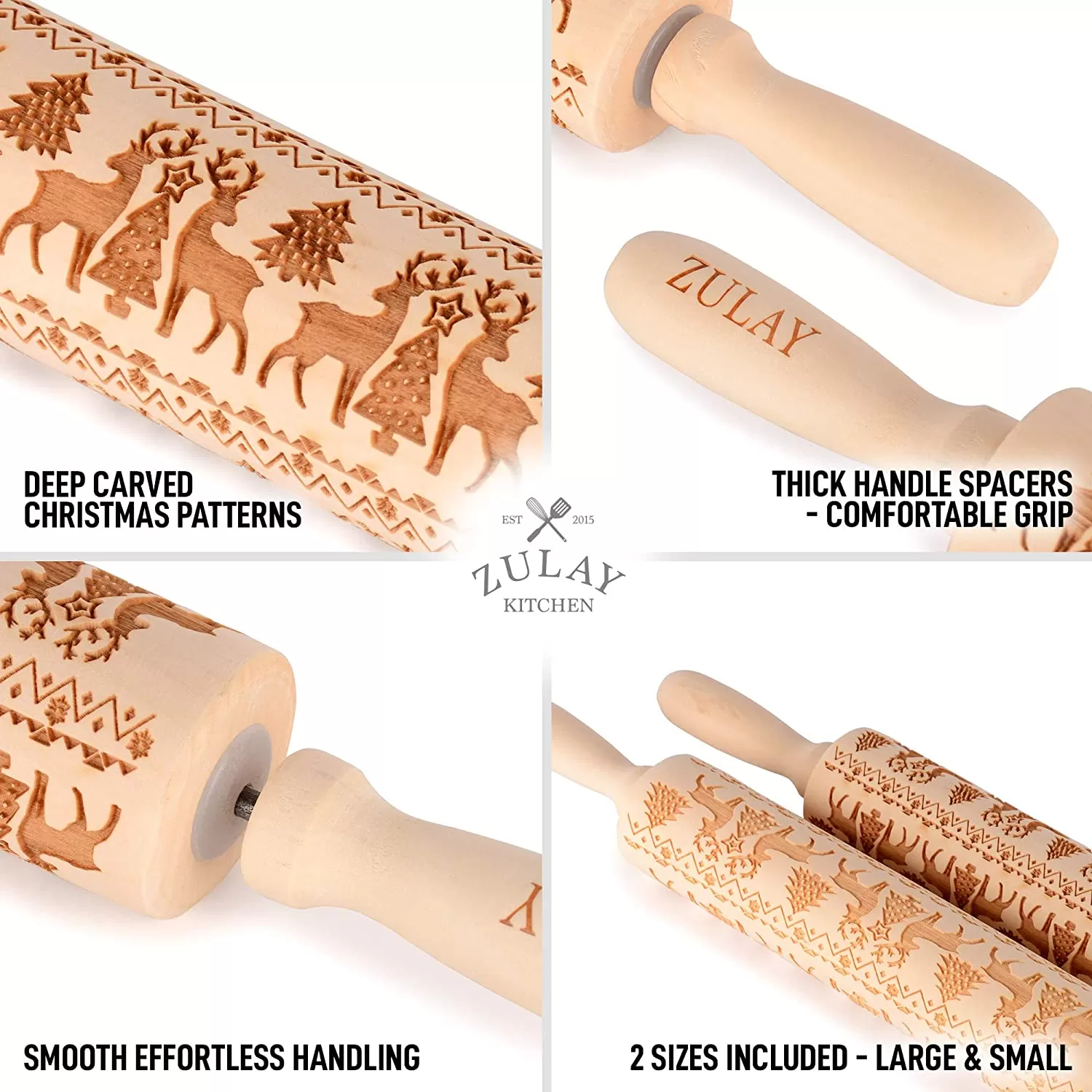 (Set of 2) Wooden Carved Christmas Rolling Pin