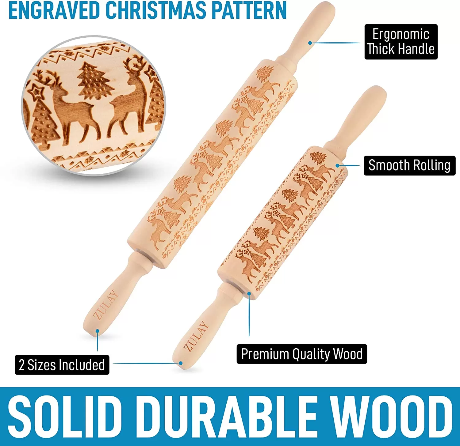 (Set of 2) Wooden Carved Christmas Rolling Pin