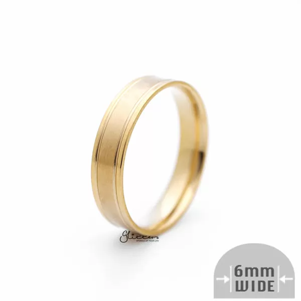 Stainless Steel 6mm Wide Brushed Center Band Ring - Gold