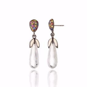 Sterling Silver Statement Earrings with White Enamel, Mixed Sapphires & White Topaz Drops