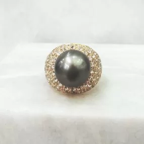 Tahitian Pearl with a pave of White Topazes Cocktail Ring