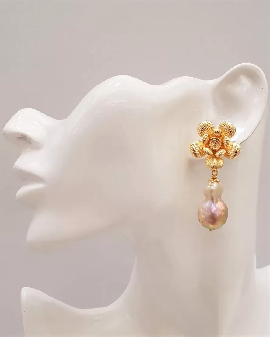 Textured Rose Stud with Baroque Freshwater Pearl Earrings