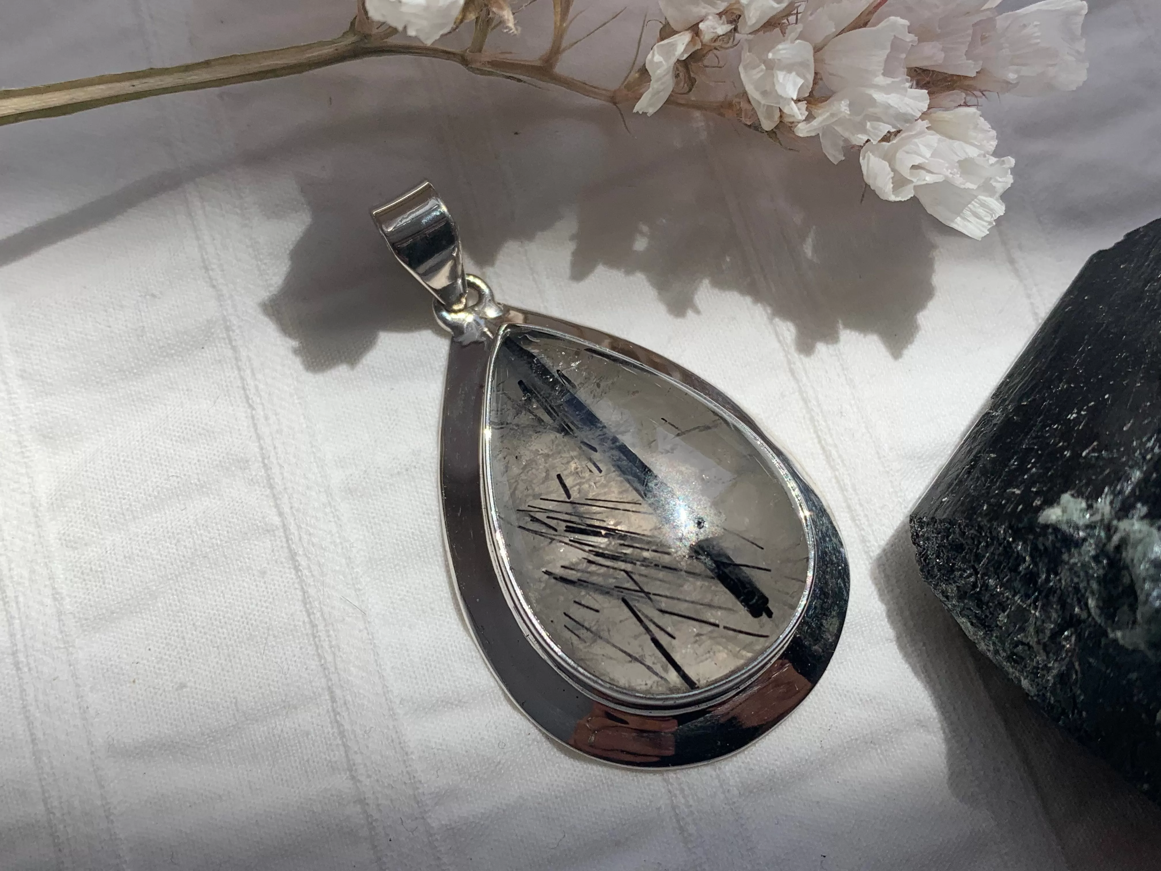 Tourmalated Quartz Medea Pendant - Large Teardrop