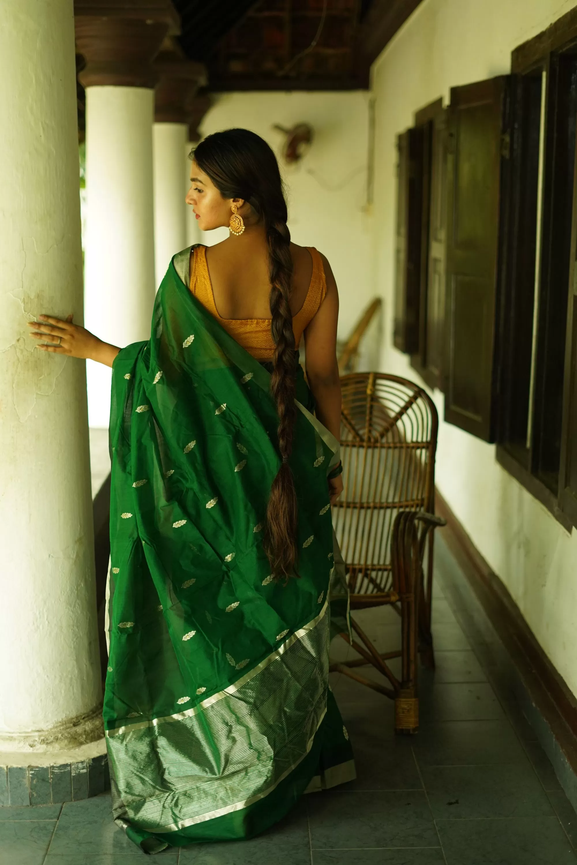 Utsav dark green silk cotton silver Zari Chanderi Saree