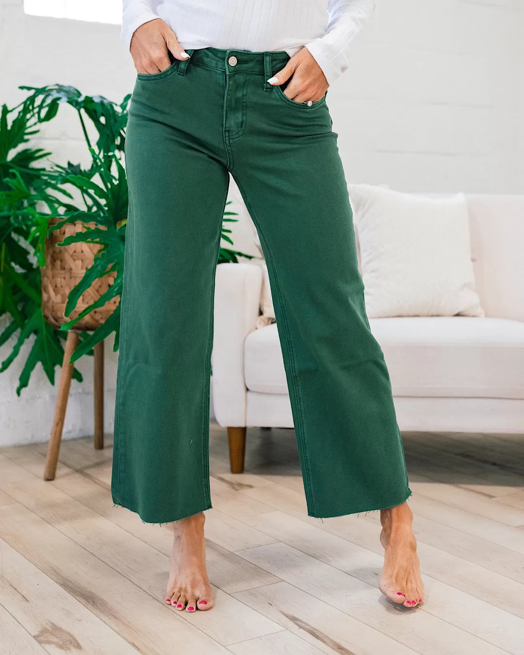 Vervet Skye Wide Leg Non Distressed Crop Jeans - Mallard Green