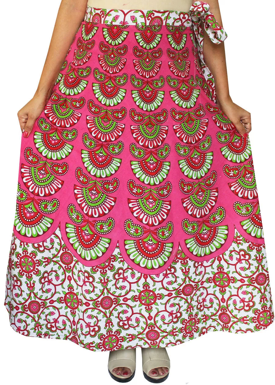 Women's Printed Long Indian Cotton Wrap Skirt (Pink, One Size)