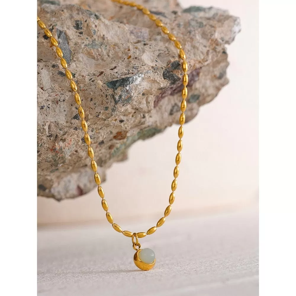 Yhpup Small Aventurine Stone Pendant Stainless Steel 18k Gold Color Necklace