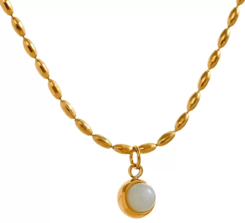 Yhpup Small Aventurine Stone Pendant Stainless Steel 18k Gold Color Necklace