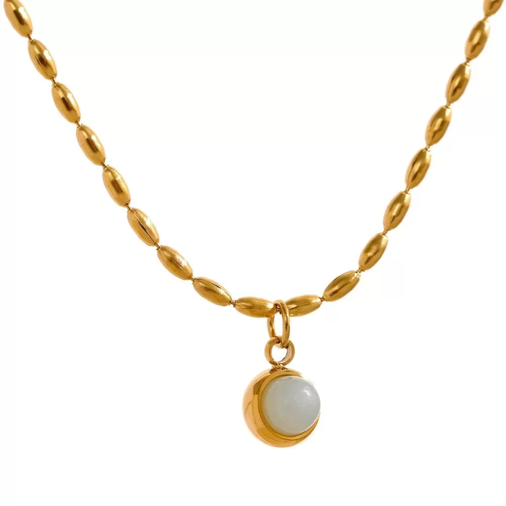 Yhpup Small Aventurine Stone Pendant Stainless Steel 18k Gold Color Necklace